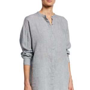 Eileen Fisher Mandarin Collar Button-Front Long-Sleeve Hanky Linen Shirt PL